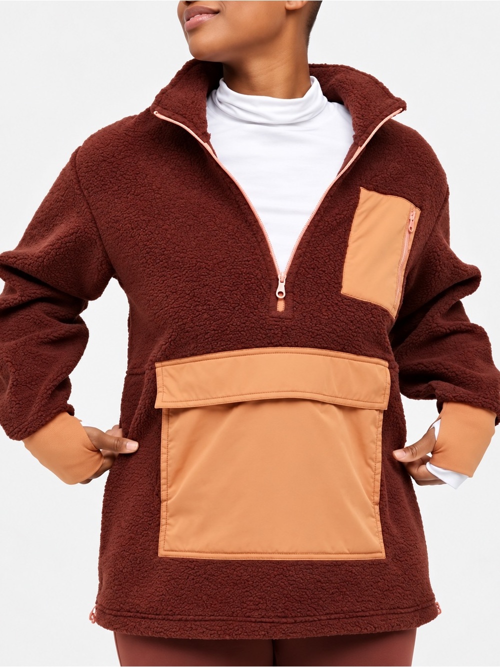 Aerie OFFLINE Sherpa Fleece Pullover Women’s Medium Brown Tan Quarter Zip Pocket